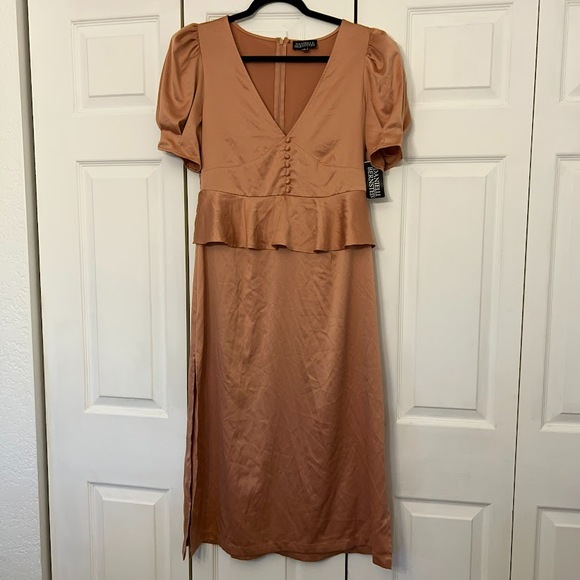 NWT Danielle Bernstein Women's Peplum Puff-Sleeve Midi Satin Dress Cork Sz 8 - Picture 1 of 12